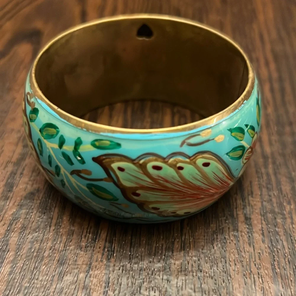 Teal and Gold Flower Bangle Bracelet - Picture 7 of 7